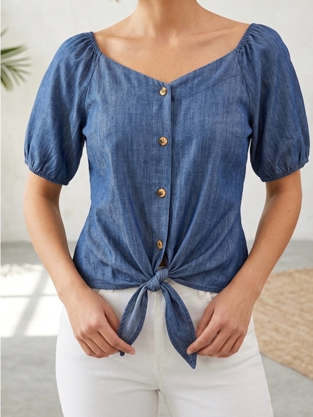 Ava James Chambray Blue Tie-Front Blouse Top Size L